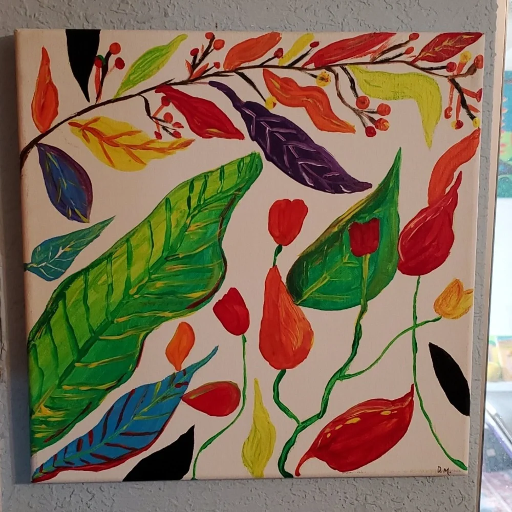 Original Unique Folk Art Floral Fauna Acrylic Painting Handmade‎ Art Home Decor